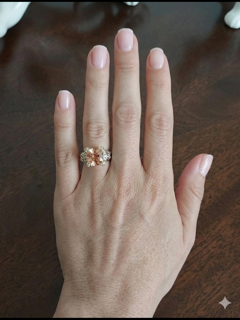 925 SILVER Gold Tone Cocktail Ring with Peach-Coral Gemstone